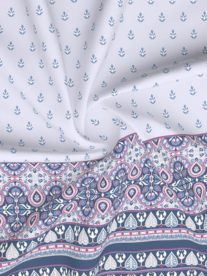 Forever 100% Cotton 120 TC White & Blue Ethnic Print King Bedsheet with 2 Pillow Covers