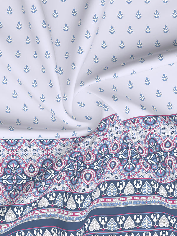 Forever 100% Cotton 120 TC White & Blue Ethnic Print King Bedsheet with 2 Pillow Covers