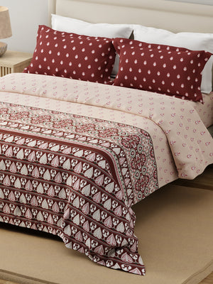 Forever 100% Cotton 120 TC Maroon & White Ethnic Print King Bedsheet with 2 Pillow Covers
