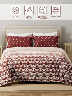 Forever 100% Cotton 120 TC Maroon & White Ethnic Print King Bedsheet with 2 Pillow Covers