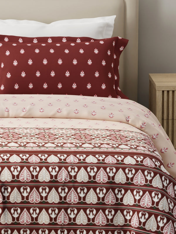 Forever 100% Cotton 120 TC Maroon & White Ethnic Print King Bedsheet with 2 Pillow Covers