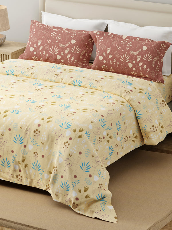 Forever 100% Cotton 120 TC Yellow & Brown Floral King Bedsheet with 2 Pillow Covers