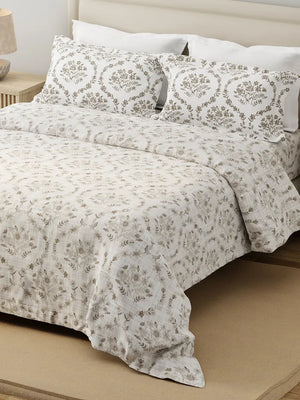 Forever 100% Cotton 120 TC Beige Floral King Bedsheet with 2 Pillow Covers