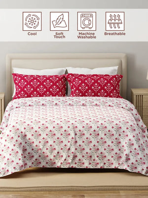 Forever 100% Cotton 120 TC Pink & White Floral King Bedsheet with 2 Pillow Covers