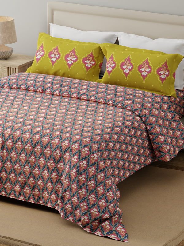 Forever 100% Cotton 120 TC Pink & Blue Floral Double Bedsheet with 2 Pillow Covers