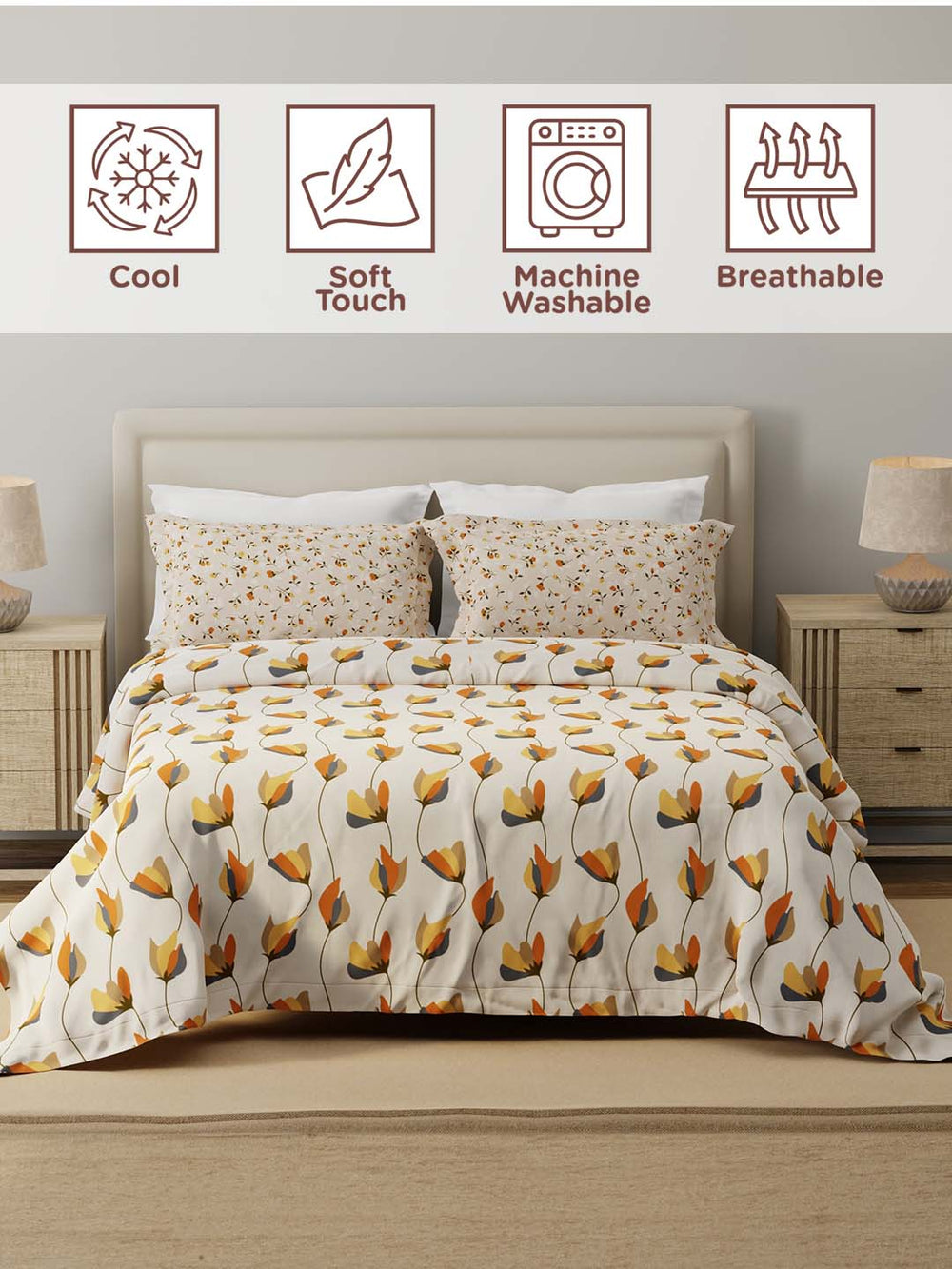 100% Cotton 120 TC, Double Size Grey & Cream Bedsheet with 2 Pillow Covers (Floral Print)