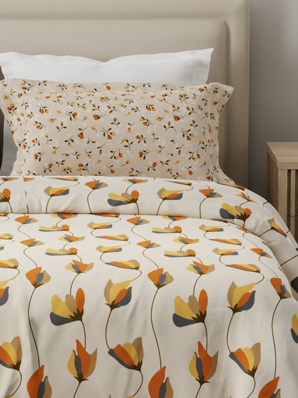 Forever 100% Cotton 120 TC Grey & Cream Floral Double Bedsheet with 2 Pillow Covers
