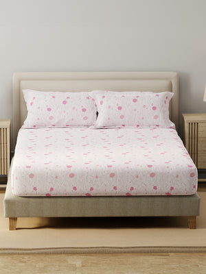 King Fitted Sheet Set, 100% Cotton 140 TC, Pink Floral, Home Easy