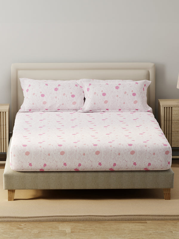 King Fitted Sheet Set, 100% Cotton 140 TC, Pink Floral, Home Easy