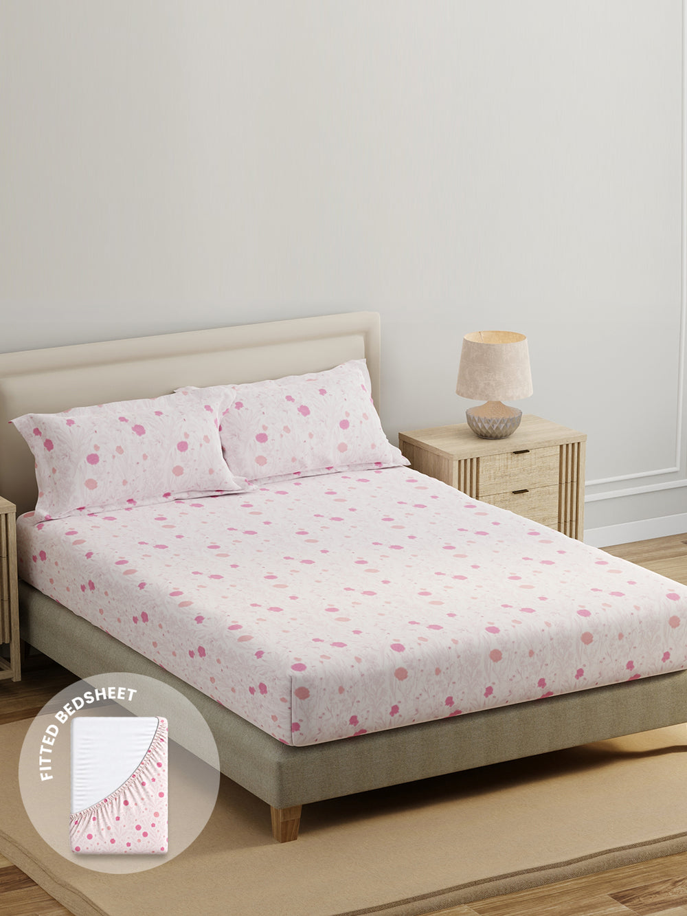 King Fitted Sheet Set, 100% Cotton 140 TC, Pink Floral, Home Easy