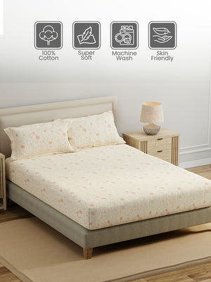 King Fitted Sheet Set, 100% Cotton 140 TC, Yellow Floral, Home Easy