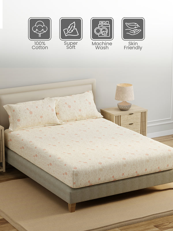 King Fitted Sheet Set, 100% Cotton 140 TC, Yellow Floral, Home Easy