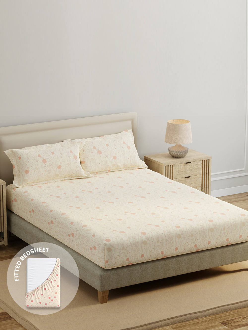 King Fitted Sheet Set, 100% Cotton 140 TC, Yellow Floral, Home Easy