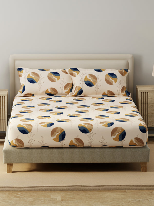 King Fitted Sheet Set, 100% Cotton 140 TC, Brown Geometrical, Home Easy