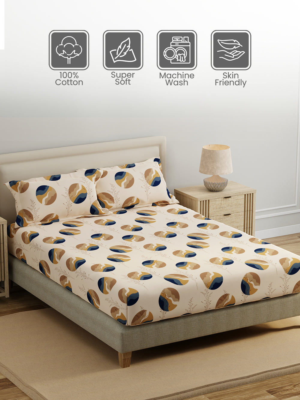 King Fitted Sheet Set, 100% Cotton 140 TC, Brown Geometrical, Home Easy