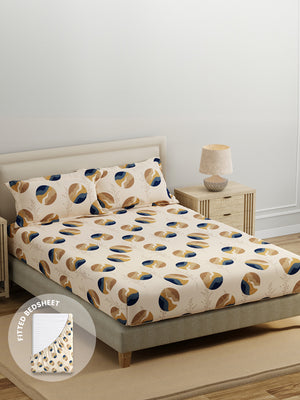 King Fitted Sheet Set, 100% Cotton 140 TC, Brown Geometrical, Home Easy