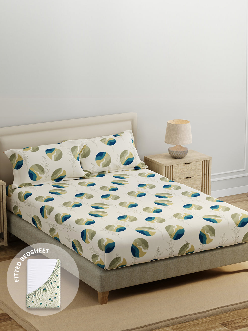 King Fitted Sheet Set, 100% Cotton 140 TC, Grey Geometrical, Home Easy