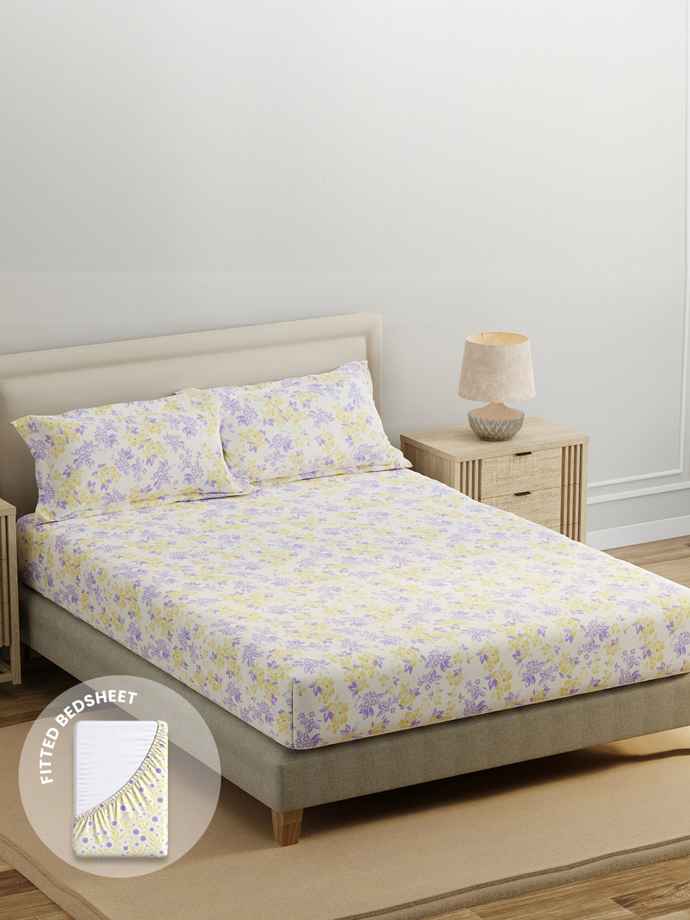 King Fitted Sheet Set, 100% Cotton 140 TC, Yellow & Purple Floral, Home Easy