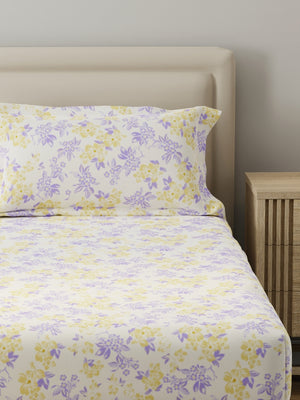 King Fitted Sheet Set, 100% Cotton 140 TC, Yellow & Purple Floral, Home Easy
