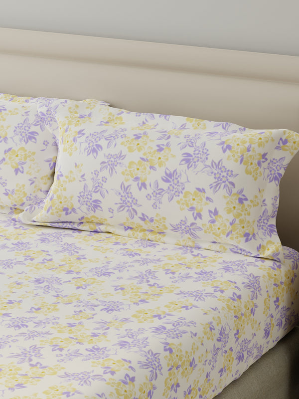 King Fitted Sheet Set, 100% Cotton 140 TC, Yellow & Purple Floral, Home Easy