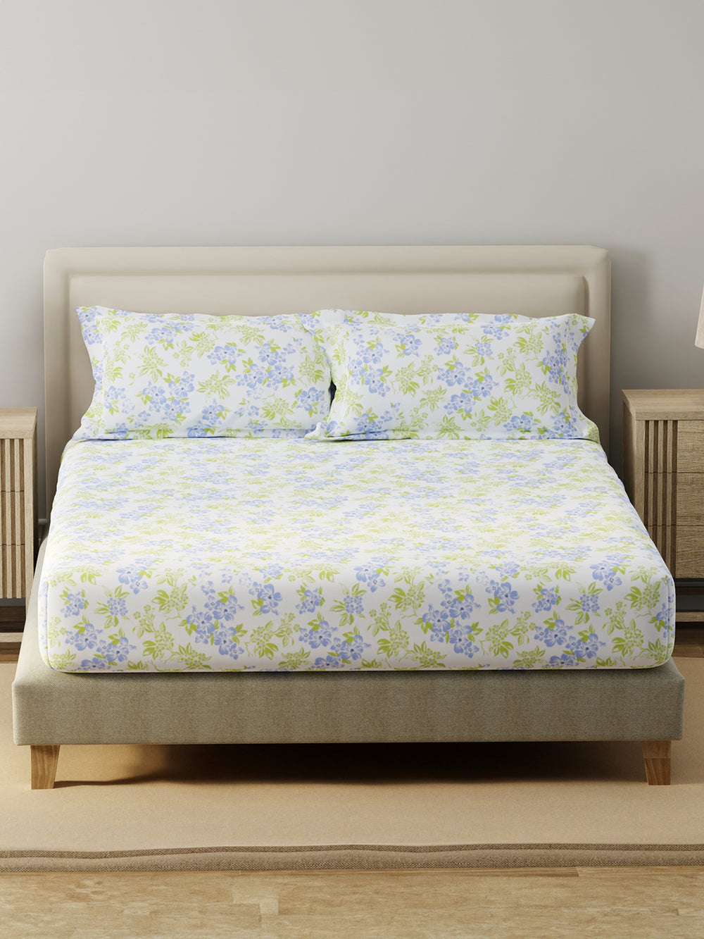 King Fitted Sheet Set, 100% Cotton 140 TC, Blue & Green Floral, Home Easy
