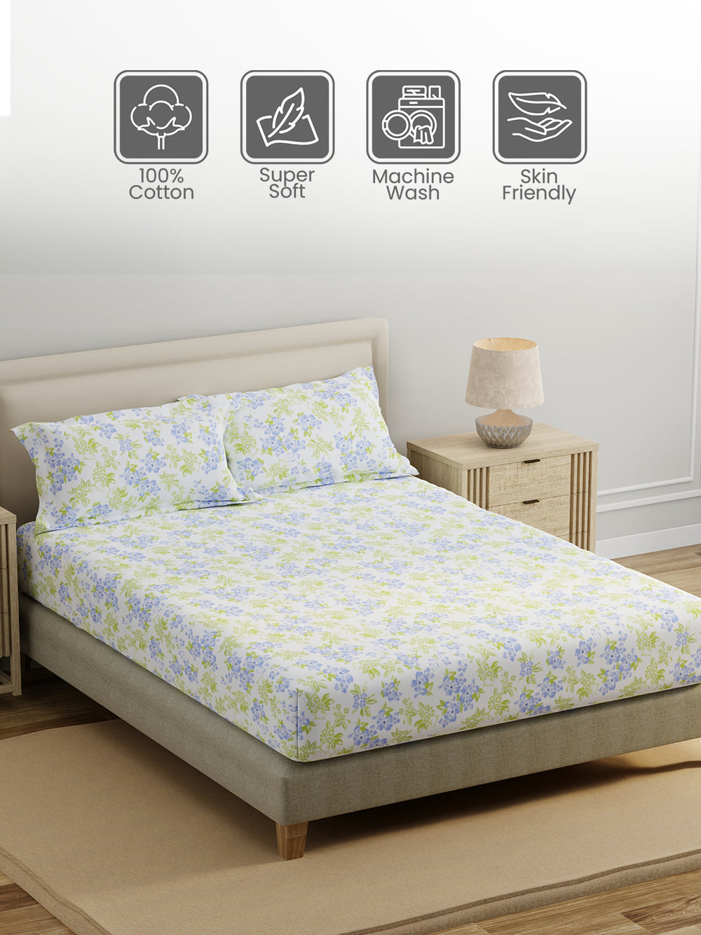 King Fitted Sheet Set, 100% Cotton 140 TC, Blue & Green Floral, Home Easy