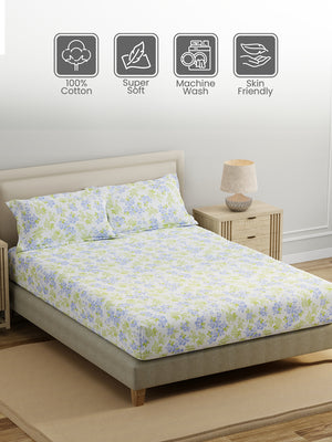King Fitted Sheet Set, 100% Cotton 140 TC, Blue & Green Floral, Home Easy