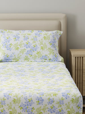 King Fitted Sheet Set, 100% Cotton 140 TC, Blue & Green Floral, Home Easy