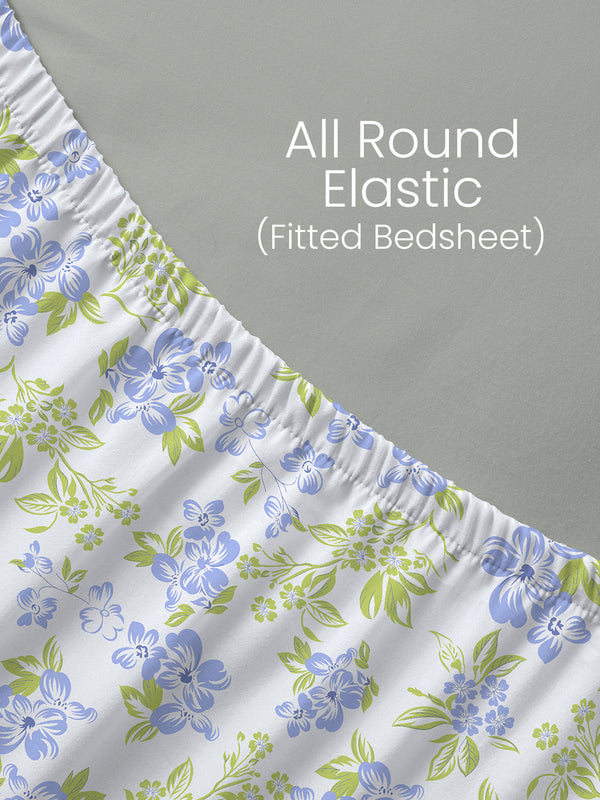 King Fitted Sheet Set, 100% Cotton 140 TC, Blue & Green Floral, Home Easy