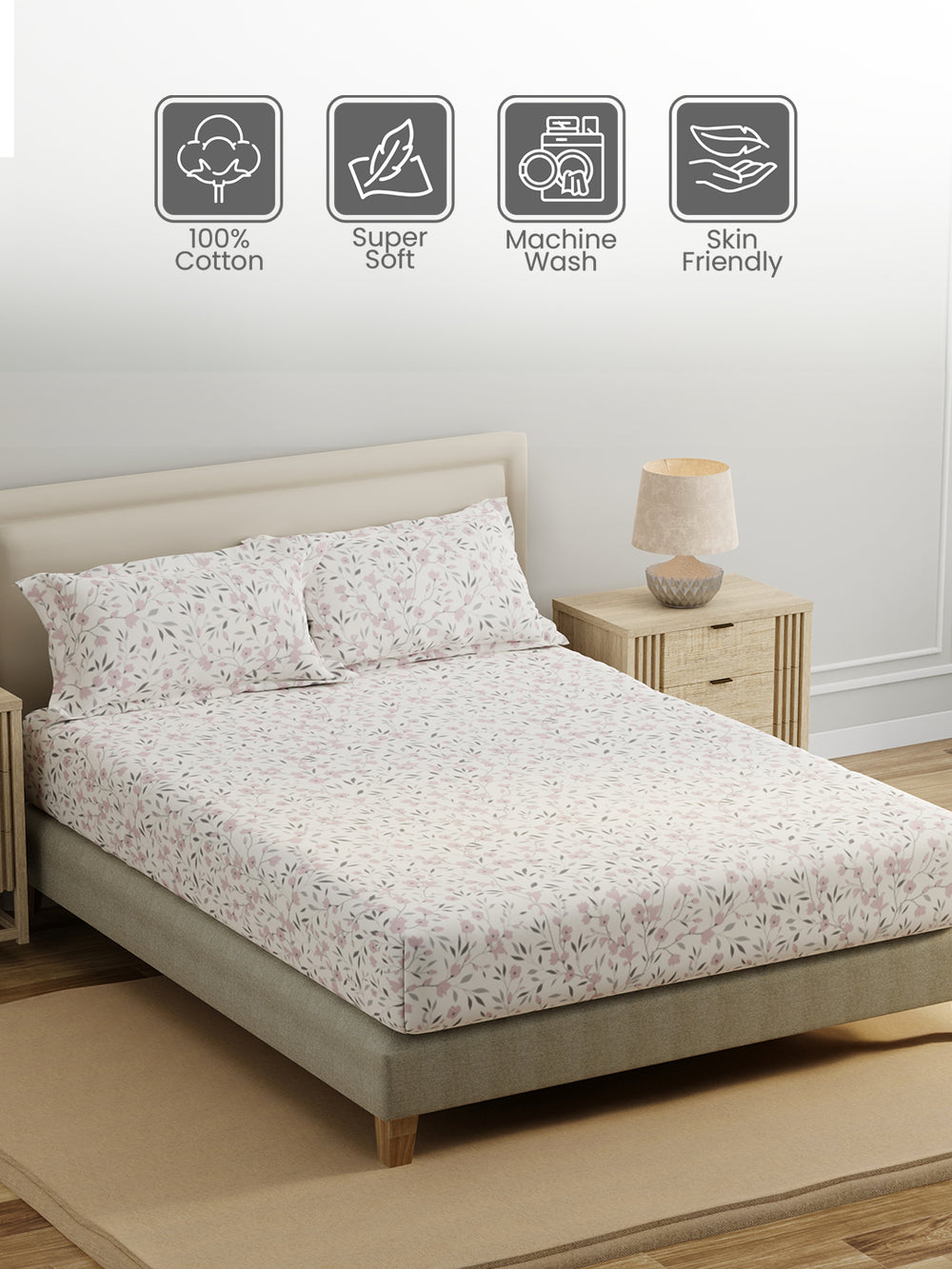King Fitted Sheet Set, 100% Cotton 140 TC, Grey & Pink Floral, Home Easy