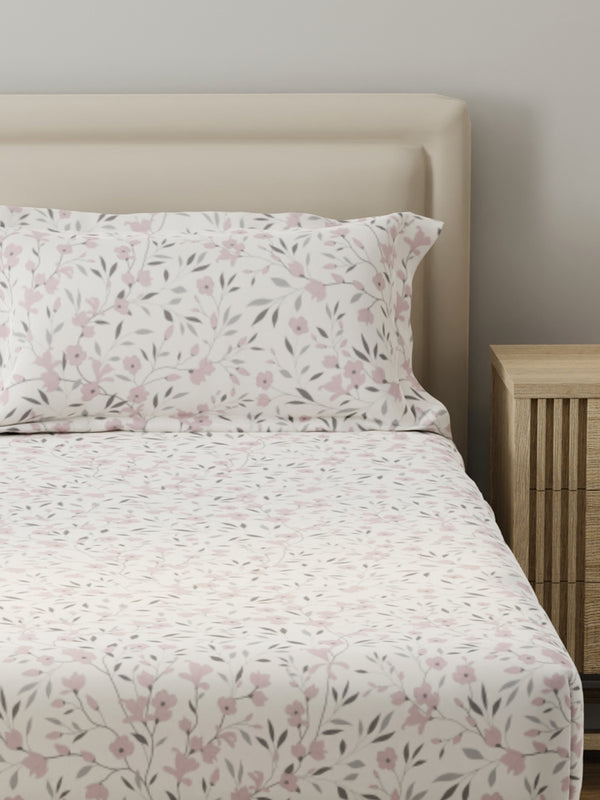 King Fitted Sheet Set, 100% Cotton 140 TC, Grey & Pink Floral, Home Easy
