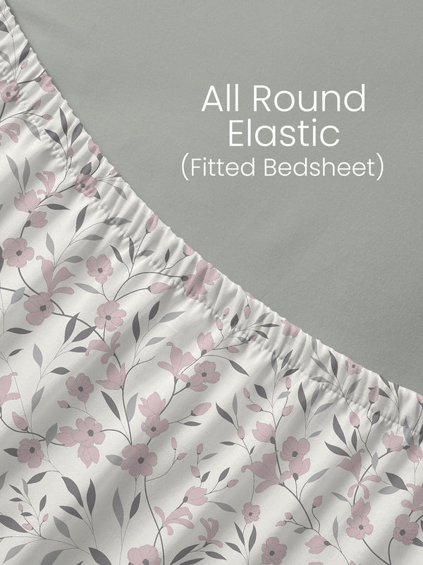 King Fitted Sheet Set, 100% Cotton 140 TC, Grey & Pink Floral, Home Easy