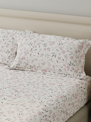 King Fitted Sheet Set, 100% Cotton 140 TC, Grey & Pink Floral, Home Easy