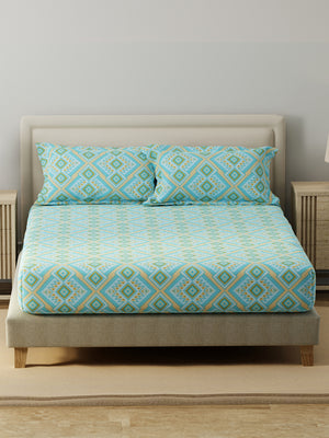 King Fitted Sheet Set, 100% Cotton 140 TC, Blue Geometrical, Home Easy