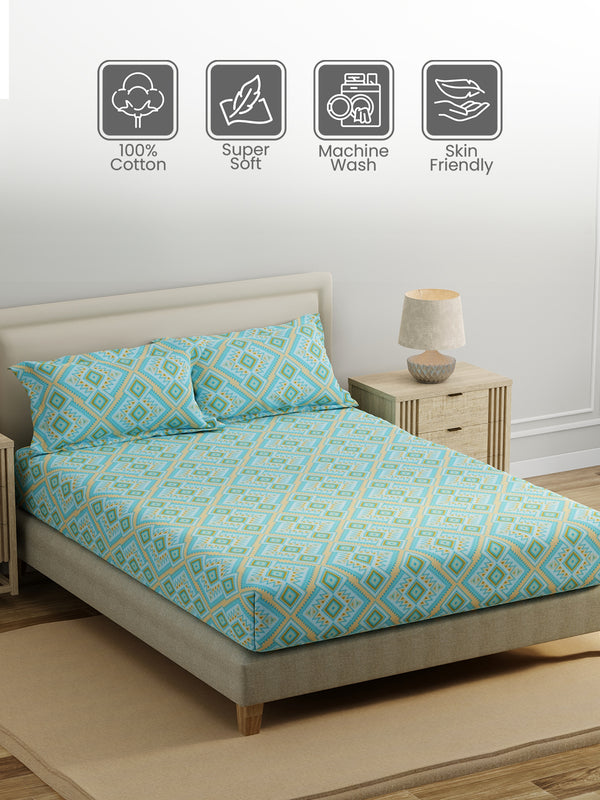 King Fitted Sheet Set, 100% Cotton 140 TC, Blue Geometrical, Home Easy