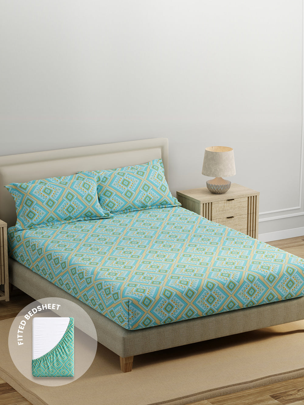King Fitted Sheet Set, 100% Cotton 140 TC, Blue Geometrical, Home Easy