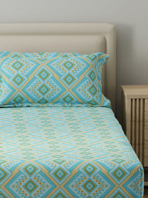 King Fitted Sheet Set, 100% Cotton 140 TC, Blue Geometrical, Home Easy