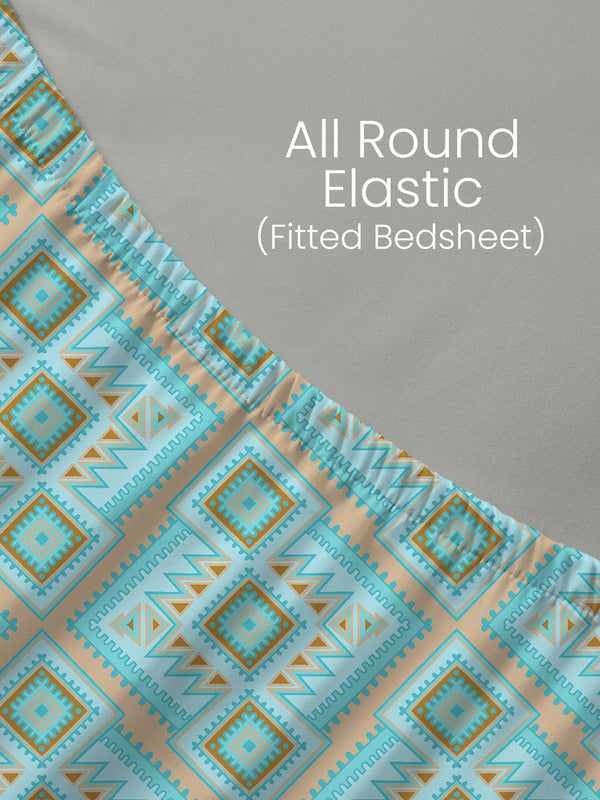 King Fitted Sheet Set, 100% Cotton 140 TC, Blue Geometrical, Home Easy