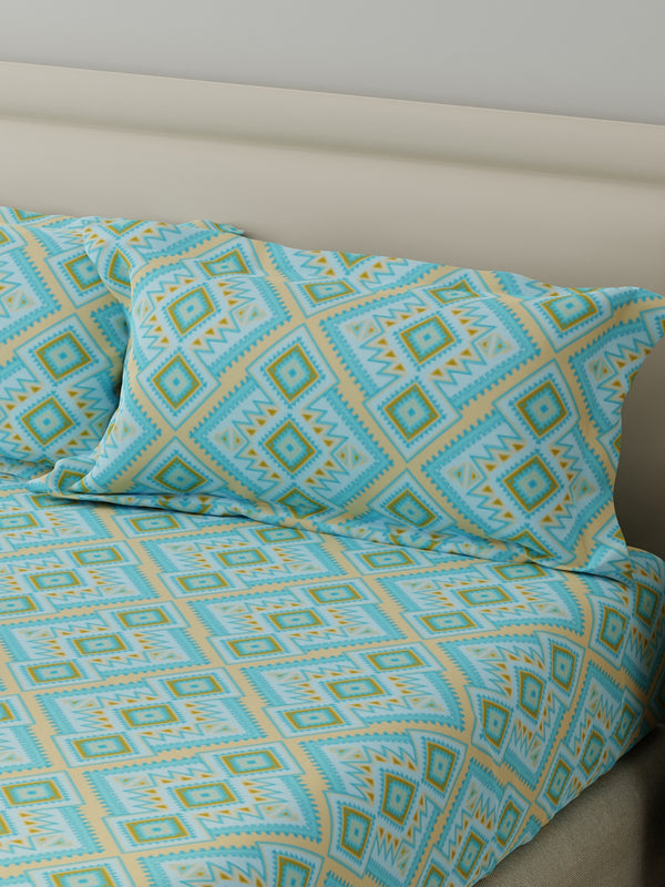 King Fitted Sheet Set, 100% Cotton 140 TC, Blue Geometrical, Home Easy