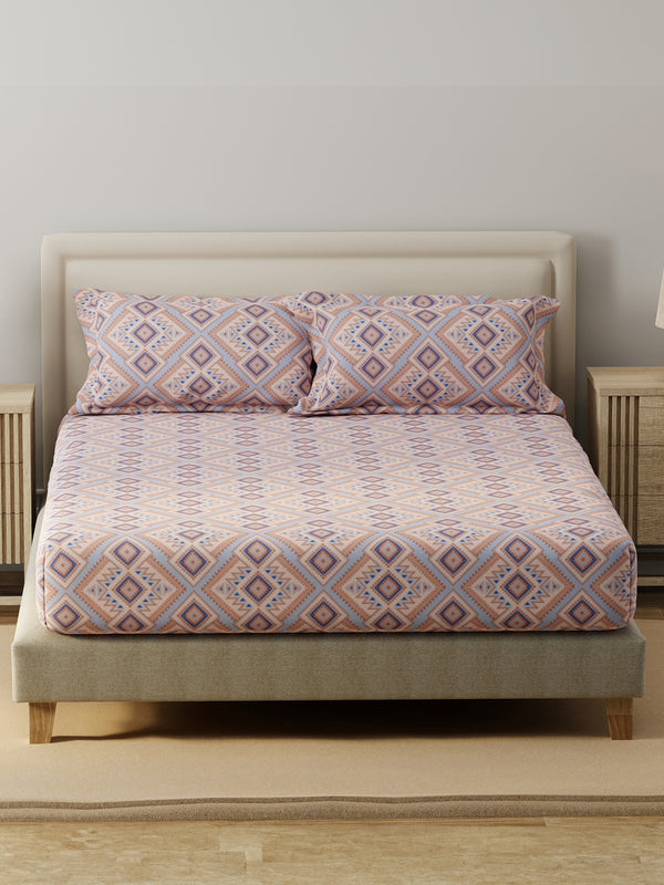 King Fitted Sheet Set, 100% Cotton 140 TC, Brown & Blue Geometrical, Home Easy
