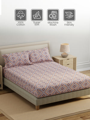 King Fitted Sheet Set, 100% Cotton 140 TC, Brown & Blue Geometrical, Home Easy