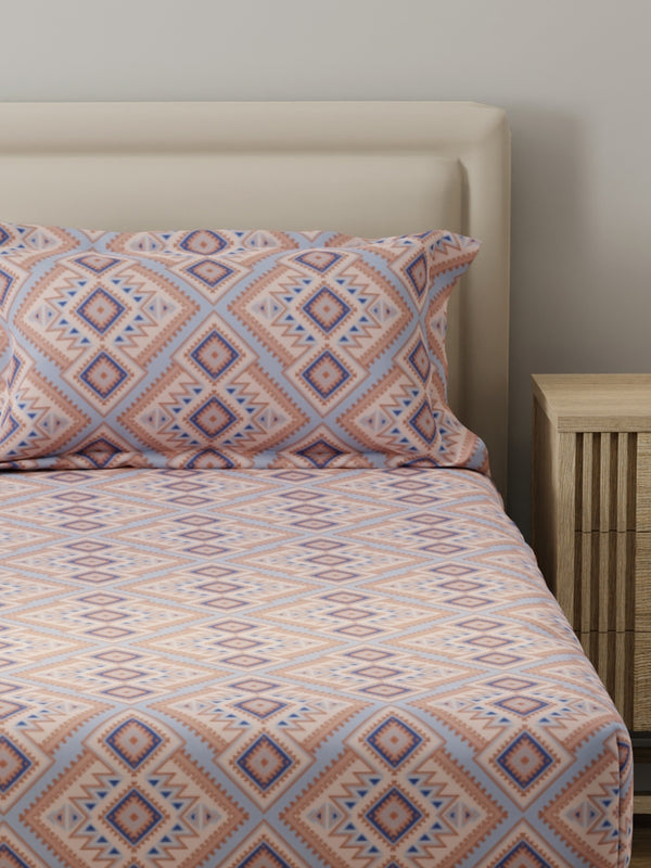King Fitted Sheet Set, 100% Cotton 140 TC, Brown & Blue Geometrical, Home Easy