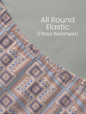 King Fitted Sheet Set, 100% Cotton 140 TC, Brown & Blue Geometrical, Home Easy