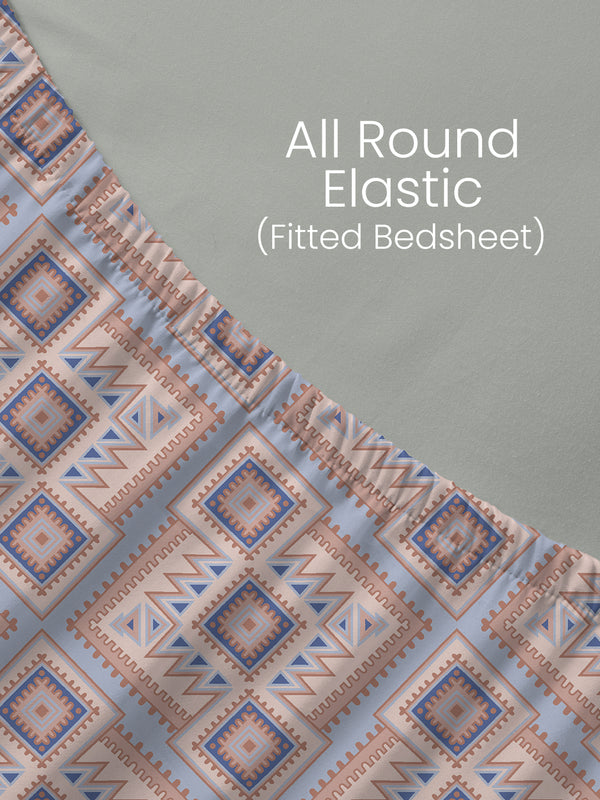 King Fitted Sheet Set, 100% Cotton 140 TC, Brown & Blue Geometrical, Home Easy