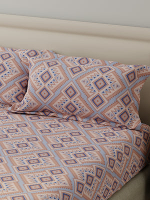 King Fitted Sheet Set, 100% Cotton 140 TC, Brown & Blue Geometrical, Home Easy
