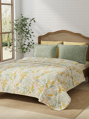 100% Cotton 180 TC, King Size Yellow & Grey Bedsheet with 2 Pillow Covers, Pure Nest Collection (Floral Print)
