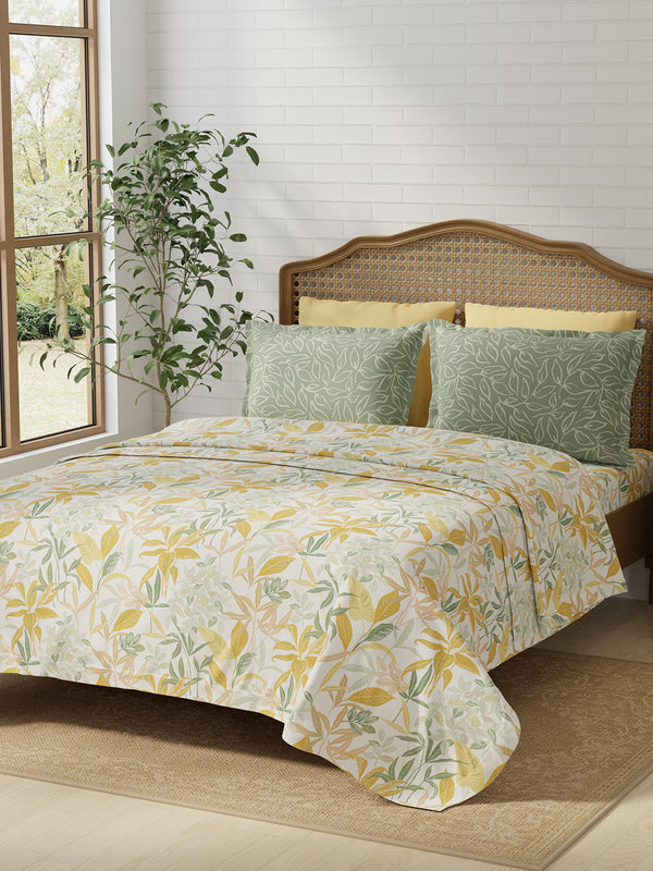 100% Cotton 180 TC, King Size Yellow & Grey Bedsheet with 2 Pillow Covers, Pure Nest Collection (Floral Print)