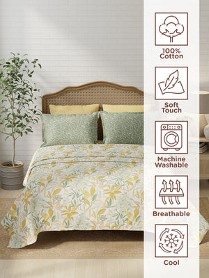 100% Cotton 180 TC, King Size Yellow & Grey Bedsheet with 2 Pillow Covers, Pure Nest Collection (Floral Print)