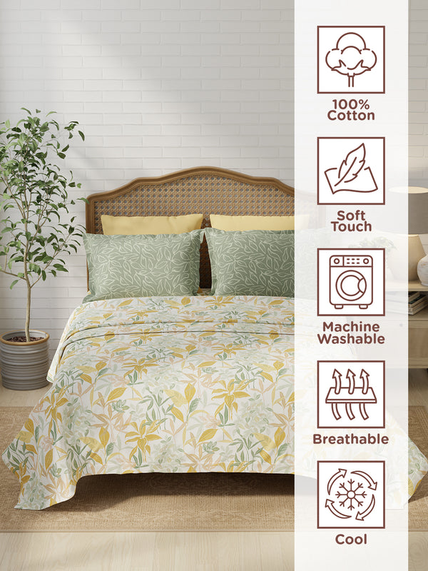 100% Cotton 180 TC, King Size Yellow & Grey Bedsheet with 2 Pillow Covers, Pure Nest Collection (Floral Print)