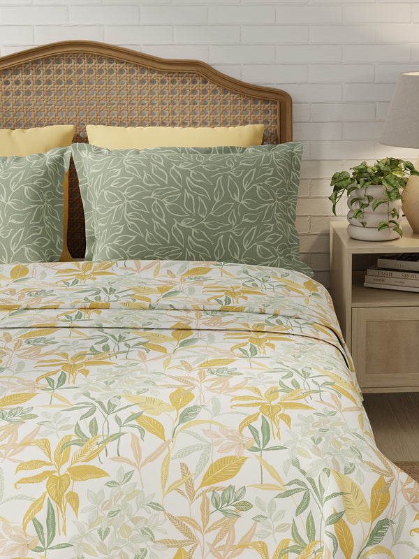 100% Cotton 180 TC, King Size Yellow & Grey Bedsheet with 2 Pillow Covers, Pure Nest Collection (Floral Print)